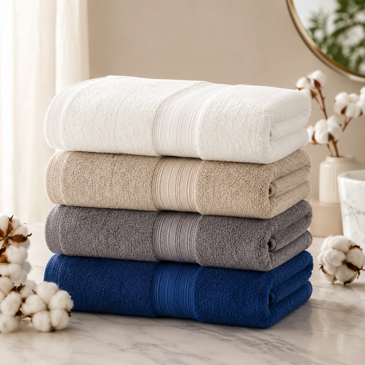 Cotton towel stack illustrating different GSM weights